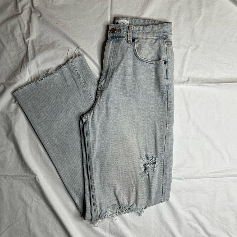 Zara - High Waist Straight Leg Distressed Light Blue Denim Jeans
